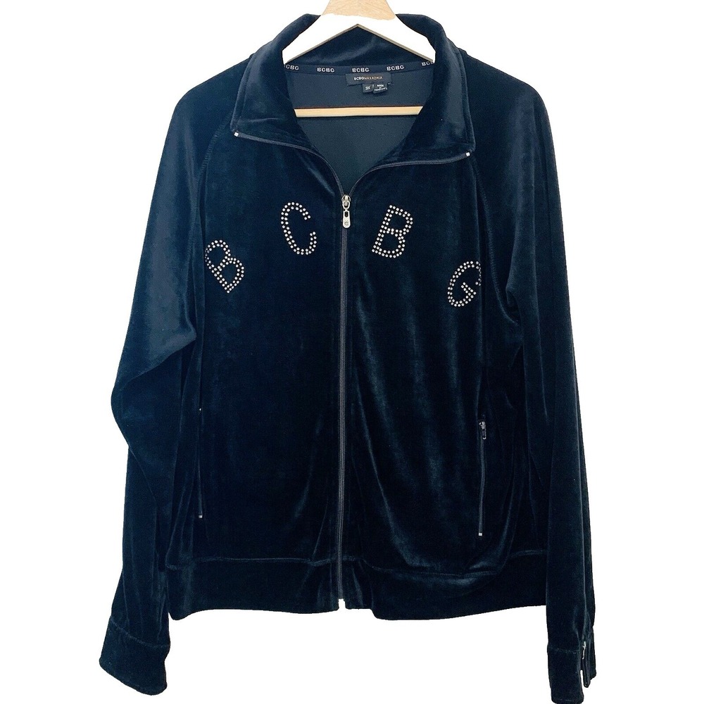 BCBG Y2K Beaded Full Zip Black‎ Velour Sweatshirt Jacket 3X Bling 90s Moto Retro